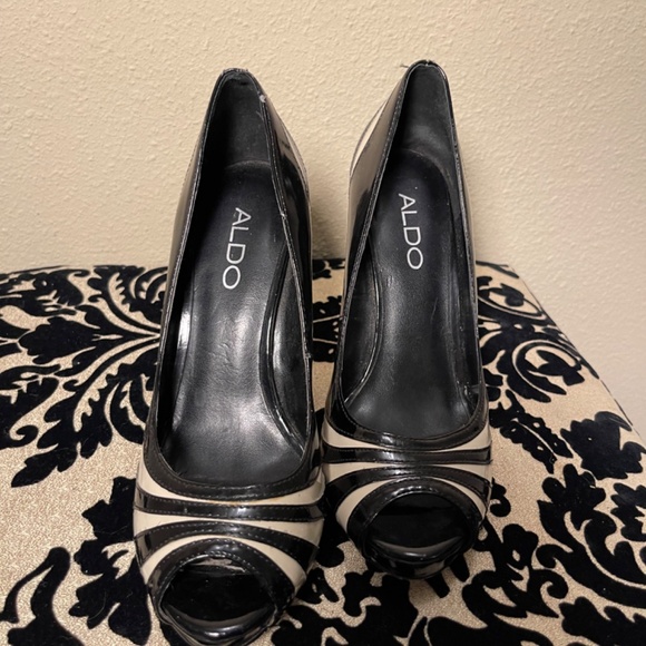 Black & Beige ALDO Stiletto Platform Peep Toe High Heels - Picture 6 of 8